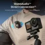 DJI Osmo Action 6 kamera demonstruoja OsmoAudio tiesioginio jungimo funkciją su dviem belaidžiais DJI mikrofonų siųstuvais, pritvirtintais prie drabužių, tiesiogiai perduodančiais garsą į veikiančią kamerą, užtikrinančią aukštos