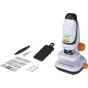 Celestron vaikų mikroskopas su telefono adapteriu, 50x didinimu, preparatų rengimo komplektu ir nuimamu galva edukacinei tyrinėjimui.