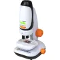 Celestron vaikų mikroskopas su telefonu adapteriu, baltai juodas dizainas su oranžiniais akcentais, okuliaro lęšiai, mechaninė scena, įmontuota apšvietimas ir saugojimo stalčius.