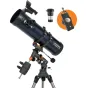 Celestron Astromaster 130EQ reflektorinis teleskopas su telefono adapteriu ir T2 Barlow lęša, skirta detaliems dangaus stebėjimams ir astrofotografijai su mobiliuoju įrenginiu