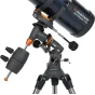 Celestron AstroMaster 130EQ teleskopas su vokiška ekvatorine montūra, telefono adapteriu ir dviem ašimis tiksliems reguliavimo ratais, skirtais preciziškai stebėti dangaus objektus