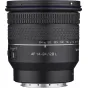 Samyang AF 14-24mm F2.8 L prijungimo ultraplatų zoom objektivas su pritaisytu skliautu, priekis rodantis fokuso žymes ir orų apsaugą
