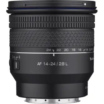 Samyang AF 14-24mm F2.8 L prijungimo ultraplatų zoom objektivas su pritaisytu skliautu, priekis rodantis fokuso žymes ir orų apsaugą