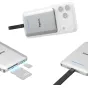 SmallRig 6292 nešiojamas 1 TB talpos SSD su magnetiniu tvirtinimu, dvigubais SD ir Micro SD kortų slotais bei USB-C PD įkrovimo portu, rodomas iš skirtingų kampų