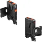 SmallRig 5881 inteligentus V-Mount baterijos adapteris su dvigubu galios valdymu, atidarytos baterijos skyriaus vaizdas su vidiniais jungtimis ir 15mm dvigubo strypo tvirtinimo įrenginiu