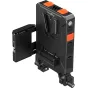 SmallRig 5881 protingas V-Mount baterijos adapterio plokštė su dvigubu galios valdymu, šiltu keitimu ir 15 mm dvigubo stiebo klipsu montavimo įrenginiu, rodoma atidarytoje konfigūracijoje