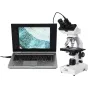 Celestron mikroskopinė kamera 2MP, prijungta per USB, rodo padidintas ląstelių struktūras nešiojamojo kompiuterio ekrane.