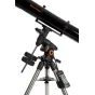 Celestron Advanced VX 6 Refractor teleskops, sumontuotas ant sidabrinio trikampio su nuotolinio valdymo pultu, turintis oranžinį ženklą ir dvigubą sėdynės plokštę stabilumui astrofotografijoje.