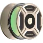 PolarPro Goldstache Helix Maglock filtrų rinkinys, sudarytas iš trijų sukrautų apvalių filtrų su auksiniu rėmu ir juodais akcentais, įskaitant 'shortstache' logotipą, žalią stiklo elementą ir 'GOLDSTACHE' prekės ženklą.