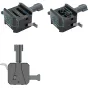SmallRig 5690 V-Mount akumuliatoriaus plokštė su Arca-Swiss ir NATO sąsajomis, priekinis vaizdas su mėlynais kontūrais, galinis vaizdas ir šoninis vaizdas su montavimo svirtimi