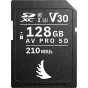 Artimas vaizdas juodos Angelbird SD AV PRO SD MK2 R210/W75 (V30) 128GB atminties kortelės su užrašais 'SD XC', 'V30', '128GB', 'AV PRO SD', '210 MB/s', užrakto ikona ir stilizuotu logotipu, primenančiu plunksną ar sparną.