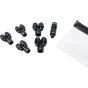 PMI SFX Tubing Kit komponentai, įskaitant penkis T formos skirstytuvus ir vieną tiesią adapterinę antgalį SmokeGENIE/SmokeNINJA sistemoms