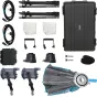 Nanlux Evoke 150C 2-Light Kit su dviem RGB LED šviestuvais, Fresnel objektyvu, Rapid 60 Softbox, trolleja hard case, RF-FE-45 reflektoriais, maitinimo kabeliais ir priedais profesionaliems apšvietimo nustatymams.