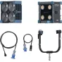 Du NANLUX Evoke Matrix 2500C šviestuvai iš priekio ir šono, demonstruojantys keturis LED modulius, aušinimo groteles, valdymo prievadus ir tvirtinimo laikiklius. Šalia yra kabeliai su mėlynais jungtimis ir motorinė Fresnel objek