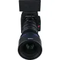 Laowa Ultima S35 Lite 12-120mm T4 zoom objektyvas su Arri PL tvirtinimu, prijungtas prie RED kino kameros, matomas priekinis elementas, mėlynas akcentinis žiedas ir šalia raudona mygtukas.