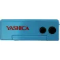 Šviesiai mėlyna YASHICA Boių raktų kamera su raudonu YASHICA logotipu ir dviem juodais apvaliais mygtukais