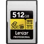 Lexar CFexpress 4.0 Pro Gold 512GB atminties kortelė su tekstūruotu sidabriniu korpusu, juoda etikete su baltu ir geltonu tekstu, nurodančia 1800MB/s skaitymo ir 1650MB/s rašymo greičius, IP68 atsparumą ir 8K RAW vaizdo palaikym