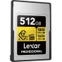 Lexar CFexpress 4.0 Pro Gold 512GB atminties kortelė su 1800MB/s skaitymo ir 1650MB/s rašymo greičiu, IP68 atsparumu ir 8K RAW vaizdo palaikymu.