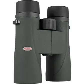 Kowa SV III 8x42 binoklis su alyvuogių žalia gumine korpusu, juodu fokusavimo ratuku ir apsauginiais objektyvo dangteliais lauko stebėjimui