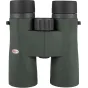 Kowa SV III 10x42 žiūronai su alyvuogių žalia gumine danga, juodu fokusavimo ratuku ir objektyvo dangteliais. Kairiajame okulyare yra sidabrinis ovalus logotipas su raudonu 'Kowa' tekstu. Atsparus vandeniui ir azotu užpildytas k