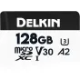 Delkin 128GB microSDXC kortelė V30 su U3 greičio klase, skirta veiksmo kameroms ir dronams.