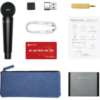 Hollyland MELO P1 Solo belaidės garso sistemos komponentai: rankinis kondensatorinis mikrofonas, išmanusis mikseris, USB-C kabelis ir dėklas su neslystančiu guminiu žiedu