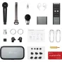 Hollyland MELO P1 Ultimate Combo bevielė audio sistema su išmaniuoju mikšeriu, TWS ausinėmis, kondensatoriniu mikrofonu ir įkrovimo dėklu. Apima nuotolinio valdymo pultą, kabelius ir priedus profesionaliam muzikos kūrimui.