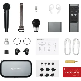 Hollyland MELO P1 Ultimate Combo bevielė audio sistema su išmaniuoju mikšeriu, TWS ausinėmis, kondensatoriniu mikrofonu ir įkrovimo dėklu. Apima nuotolinio valdymo pultą, kabelius ir priedus profesionaliam muzikos kūrimui.