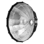 Godox Multifunctional Softbox S85T su sidabriniu atspindinčiu vidumi ir juodu audiniu apvadu, viršutinio kampo vaizdas, rodantis Bowens montavimą ir užtrauktuką, visiškai surinktas su įtrauktomis difuzoriais.