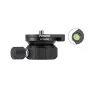 Fotopro Leveling Base LY 10 Pro Grey turi 1/4"-20 varžtą viršuje, 3/8"-16 varžtą apačioje ir didelį sukamojo mygtuko su užrakinimo mechanizmu. Jame yra žalias burbuliukų lygis su raudonais žymėjimais, užtikrinantis tikslią lygia