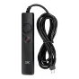 JJC SR F2SE kabelinis jungiklis Sony kameroms su spiraliniu kabeliu, USB jungtimi ir raudonu LED indikatoriumi. Yra apvalios 'LOCK' mygtukas ir mažesnis raudonas mygtukas. Kabelis tvarkingai surištas su viela.