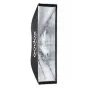 Godox UL BOX 30x120 sulankstomas juostinis softbox su juodu išoriniu paviršiumi, sidabriniu atspindinčiu vidumi ir Bowens tvirtinimu, rodančiu vidinę struktūrą ir medaus korio tinklelį.