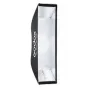 Godox UL BOX 30x120 sulankstomas juostinis sofftbox, atidarytas, rodantis sidabrinę atspindinčią vidinę dalį, baltą difuzorių ir juodą šoną su baltu logotipu.