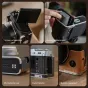 PGYTECH odinis fotoaparato dėklas Fujifilm X M5 - Clay Brown, ekrano judėjimas, baterijos keitimas, mikrofono naudojimas, duomenų perdavimas, mygtukų veikimas