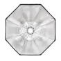 Viršutinė Godox EazyFlow Foldable Octa 60 Bowens softbox peržiūra su atspindinčia sidabrine vidine dalimi, juodu rėmu ir centriniu Bowens tvirtinimo atidarymu, paruoštu greitam montavimui.