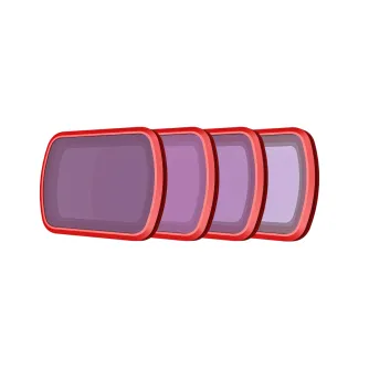 PGYTECH OSMO POCKET 3/4 ND filtrų rinkinys, kuriame yra keturi stačiakampiai filtrai raudonais rėmeliais ir purpuriniu stiklu, išdėstyti pakopomis ant švaraus balto fono.