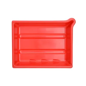 Raudonas plastikinis vystymo indas 20x25 cm atspaudams su išleidimu ir grioveliais, cheminėms medžiagoms atsparus ir sukraunamas