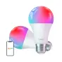 Du LEPRO B2-2 E27 Wi-Fi LED žvynukai su spalvotais gradientiniu efektu, vienas vertikaliai, kitas horizontaliai, su metaliniu pagrindu ir gradientu nuo mėlynos iki raudonos ir purpurinės. Šalia jų yra išmanusis telefonas su Lepr