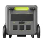 FOSSIBOT F7200 7200W įkrovimo stotis su LiFePO4 baterija, ryškiai žalia būsenos šviesa, keliais įkrovimo prievadais ir transportavimo ratais, rodanti 7200W galios išėjimą ir 5222.4Wh talpą geltoname tekste.