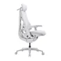 Baltas ergonominis kėdė su aukšta atlošu, reguliuojamu juosmens palaikymu ir porankiais, elegantišku dizainu ir penkiomis atlošimo pozicijomis.