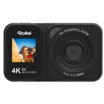 Rollei Compactline 64 Dual Screen kompaktinė kamera su priekinio ekrano, rodančiu selfie su moterimi ir šunimi, galiniu objektyvu su 18x galingu priartinimu, F/3.2 diafragma ir 7,36 mm fokusavimo ilgiu, 64 MP jutiklis 4K vaizdo 