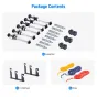 Neewer 3‑Roller Manual Background Support System paketo turinys su šešiais išplečiamais strypais, dviem tri-fold kabliukais, trimis spalvotomis grandinėmis ir montavimo detalėmis
