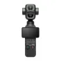 DJI Osmo Pocket 4P dviejų objektyvų veiksmo kamera su 1-colio jutikliu, 3 ašių stabilizavimu, rankiniu gimbalu, juodu korpusu, stačiakampiu ekranu ir raudonu įrašymo mygtuku.