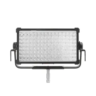 Aputure NOVA 9 2x1 LED panelinis šviesos šaltinis su apvalių išsklaidytuvų tinkleliu, reguliuojamu juodu laikikliu ir sidabriniu tvirtinimo strypu.