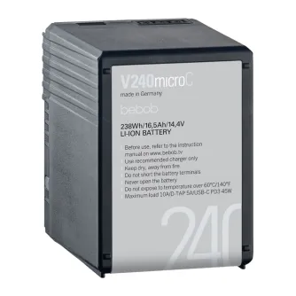 Bebob V240microC ličio jonų baterija su 16,5Ah talpa, USB-C PD3, Twist D-Tap apsauga ir 5 lygių LED įkrovimo indikatorius profesionalioms kameroms