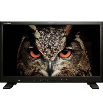 Boland 4K Pro HDR monitoris, rodantis detalių artimą pūko vaizdą su ryškiai oranžinėmis akimis ir sudėtingomis plunksnų tekstūromis