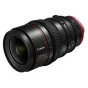Artimas Canon CN-E20-50mm T2.4 L FP kinematografinio objektyvo su PL tvirtinimu vaizdas, juodas korpusas, raudoni ir žali žymėjimai, fokusavimo ir priartinimo žiedai, bei priekinis elementas.