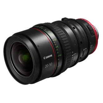 Artimas Canon CN-E20-50mm T2.4 L FP kinematografinio objektyvo su PL tvirtinimu vaizdas, juodas korpusas, raudoni ir žali žymėjimai, fokusavimo ir priartinimo žiedai, bei priekinis elementas.