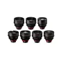 Canon Cinema EOS 7 Prime objektyvų komplektas - 14-135 mm EF montavimo kinematografiniai objektyvai su raudonais žiedais, žaliomis fokusavimo skalėmis ir 11 ašmenų diafragmomis 4K filmavimui