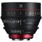 Canon Cinema EOS 35mm prime objektyvas su raudonais akcentais, metrinė ir pėdų fokusavimo skalė, ir 4K kino optika